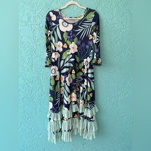 Oopsie Daisy Floral Ruffle kids Dress in Navy and Green size 12